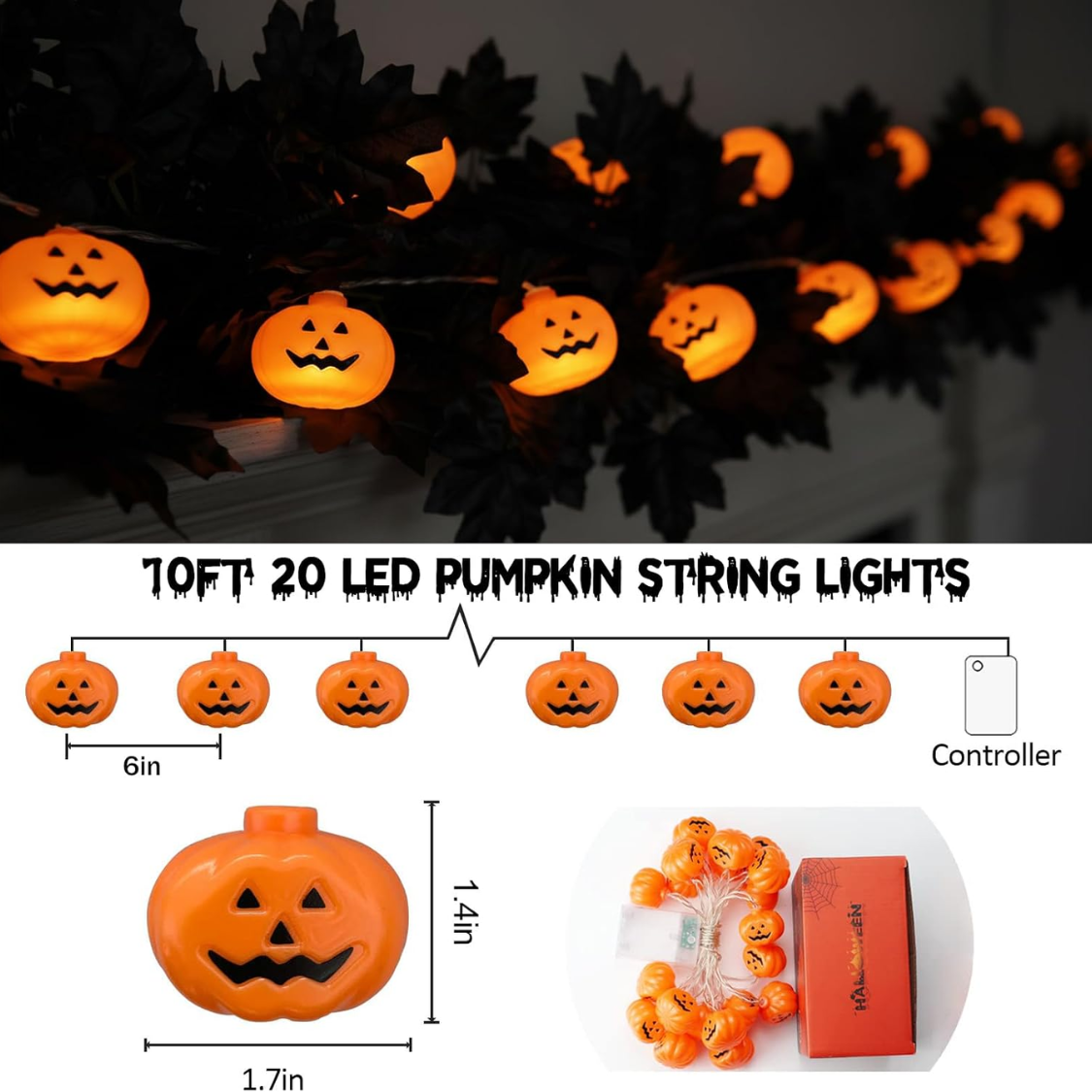 Decorations Pumpkin String Lights 20 LED 10 FT 3D Cute Waterproof