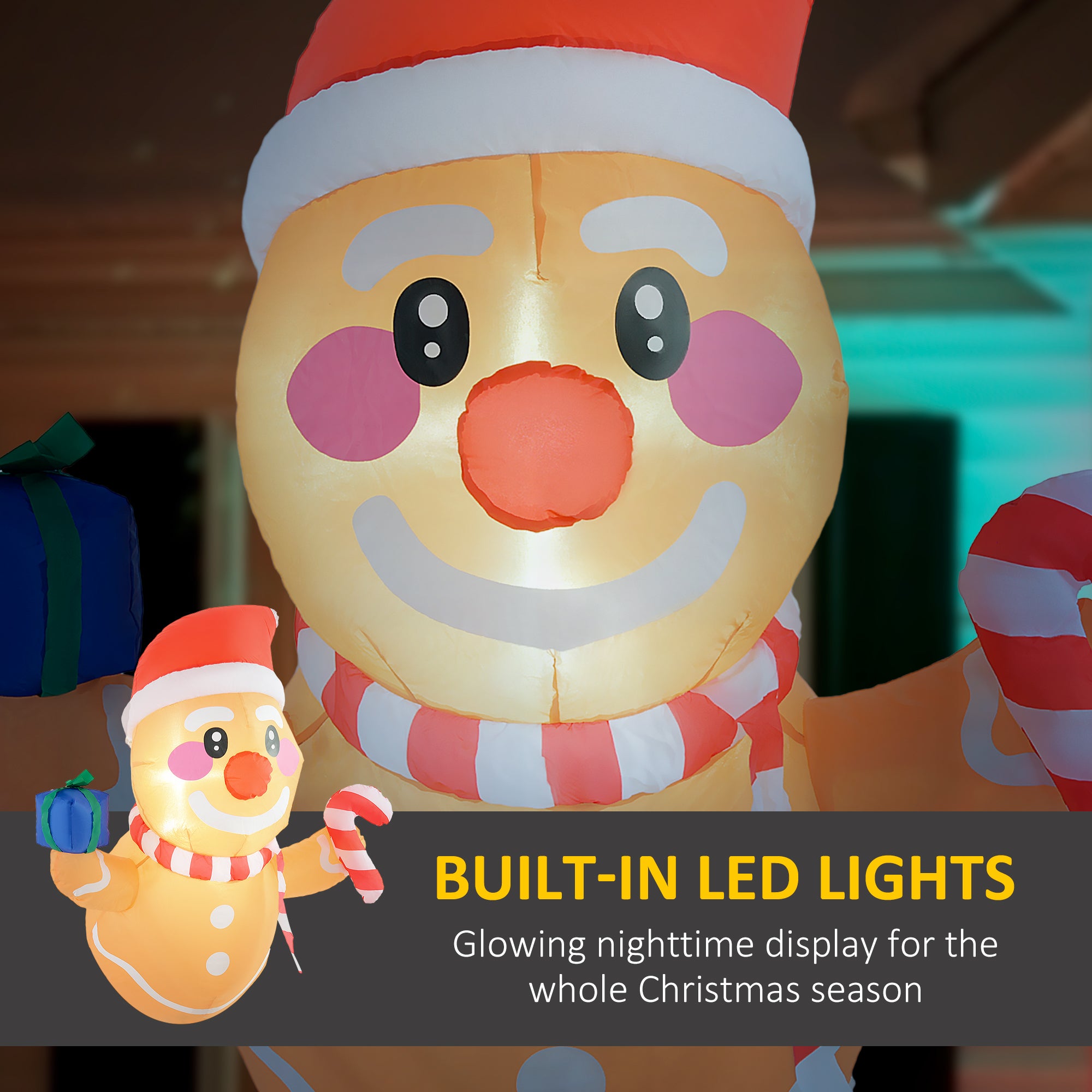 3.4 Inflatable Hanging Gingerbread Man Holding Gift Box & Candy Cane w/ LED Lights, Blo…