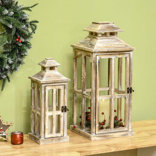 2 Pack 28"/20" Large Rustic Wooden Lantern Decorative, Indoor/Outdoor Lantern for Home…