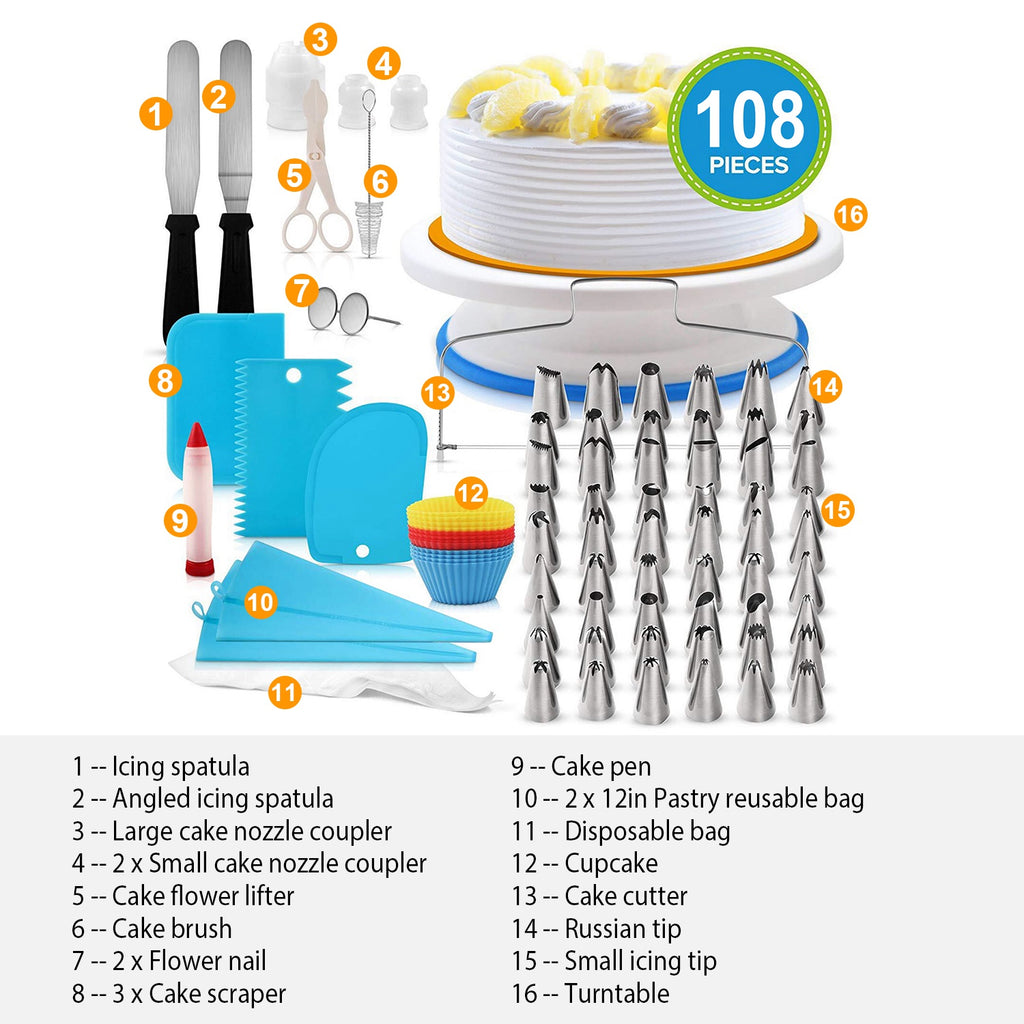 1 Set 11in Rotating Cake Turntable 108Pcs Cake Decorating Supplies Kit Revolving Cake T…