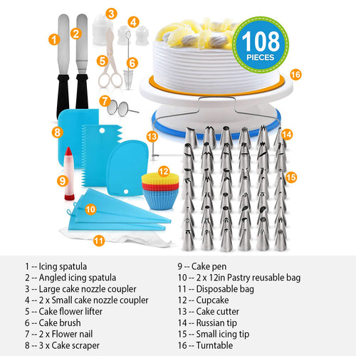1 Set 11in Rotating Cake Turntable 108Pcs Cake Decorating Supplies Kit Revolving Cake T…