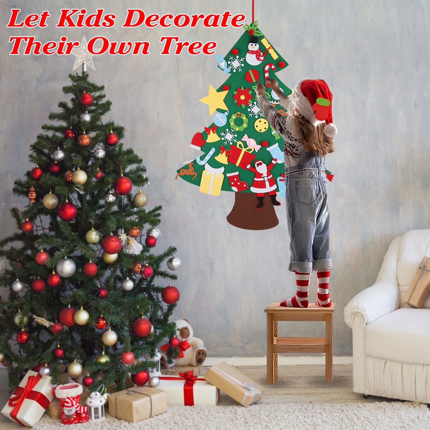 DIY Felt Christmas Tree 41Pcs Detachable Ornaments For Kids Toddler Wall Hanging Christ…