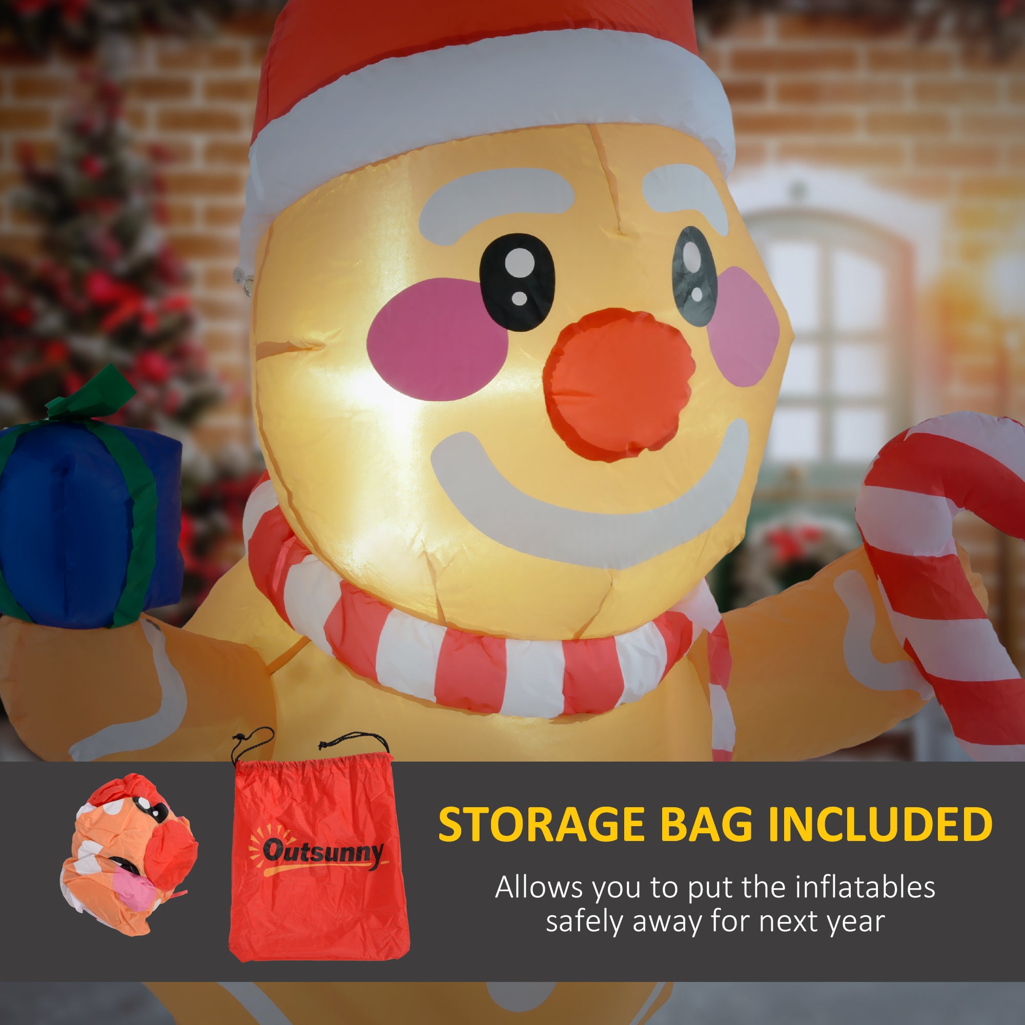 3.4 Inflatable Hanging Gingerbread Man Holding Gift Box & Candy Cane w/ LED Lights, Blo…