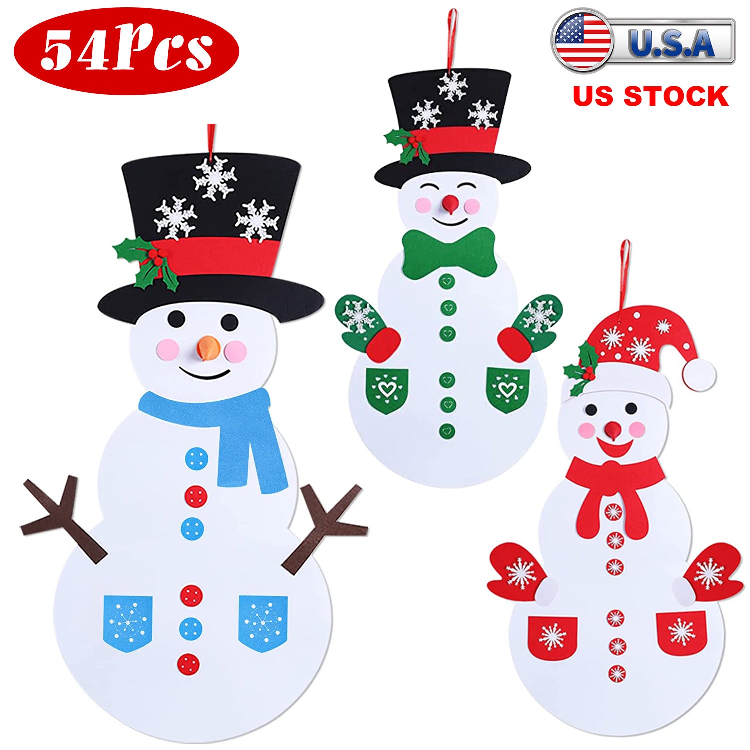 Felt Christmas Snowman Set DIY Felt Christmas Hanging Decorations Kits With 54Pcs Detac…