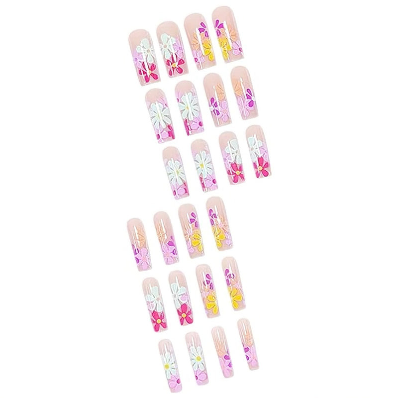 24 PCS Long Flat Flowers Nail Art, Long Length Long Water Pipe Fake Nails,Square Head N…