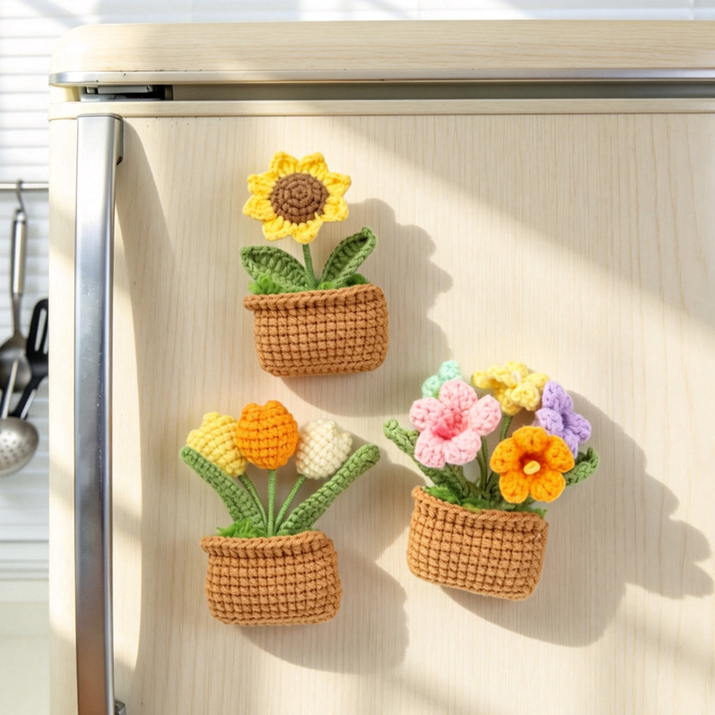 Handmade Crochet Square Pot Green Plant Three Piece Set With Lavender Multicolored Tuli…