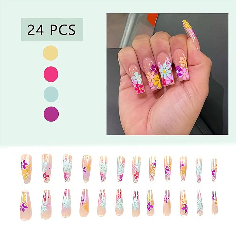 24 PCS Long Flat Flowers Nail Art, Long Length Long Water Pipe Fake Nails,Square Head N…