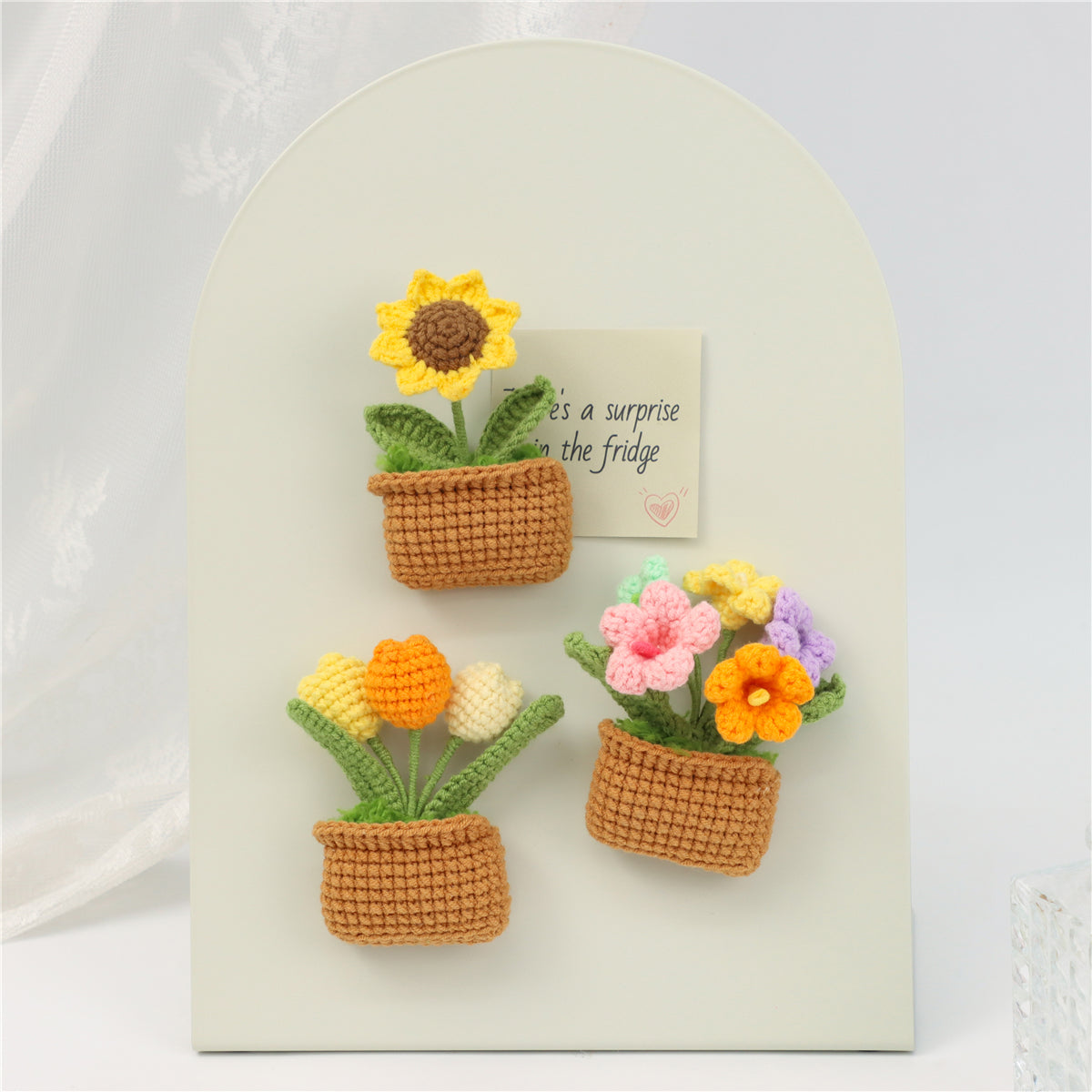 Handmade Crochet Square Pot Green Plant Three Piece Set With Lavender Multicolored Tuli…
