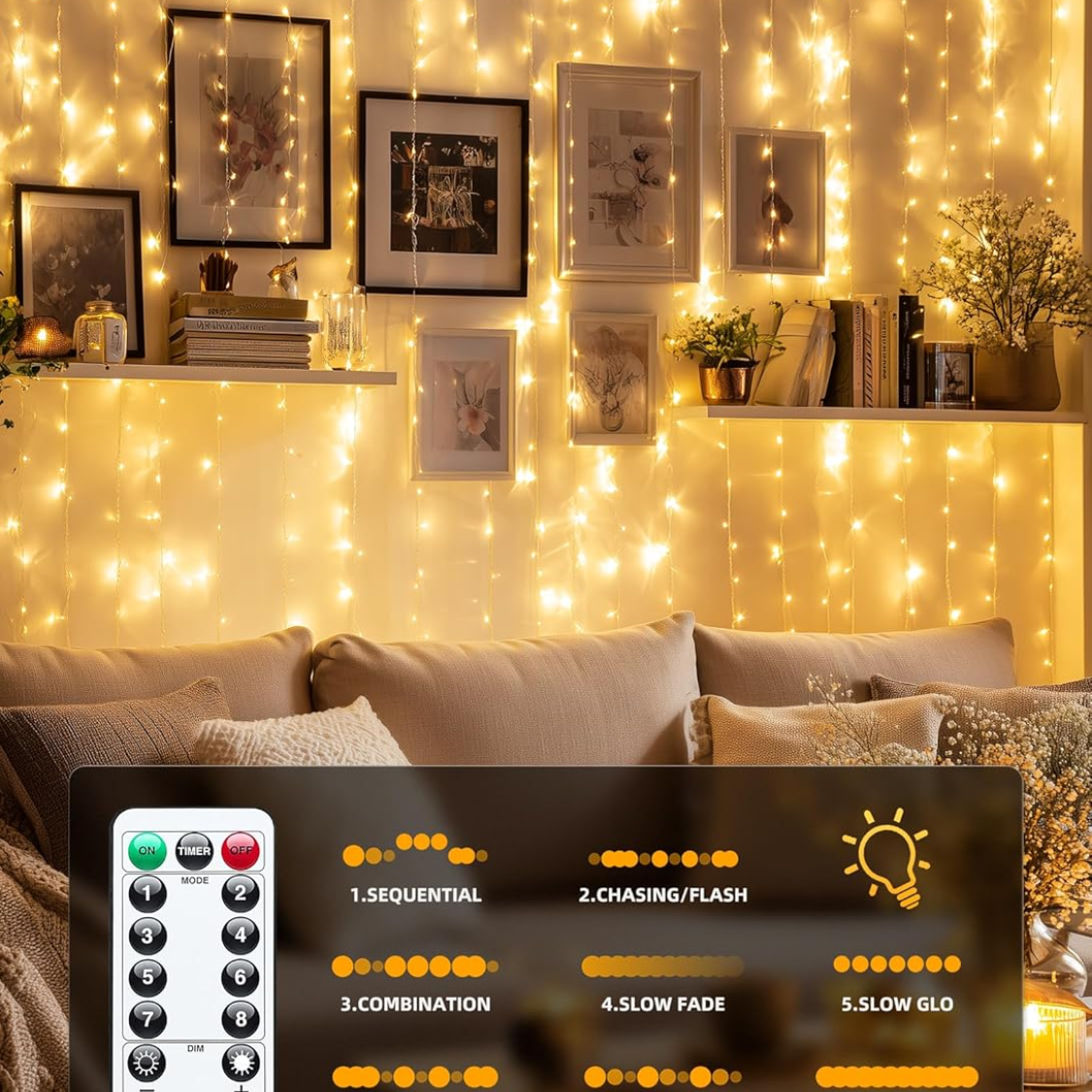 300 LED Fairy Curtain Lights Warm White Curtain String Lights USB Plug In 8 Lighting Mo…