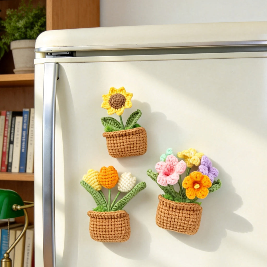 Handmade Crochet Square Pot Green Plant Three Piece Set With Lavender Multicolored Tuli…