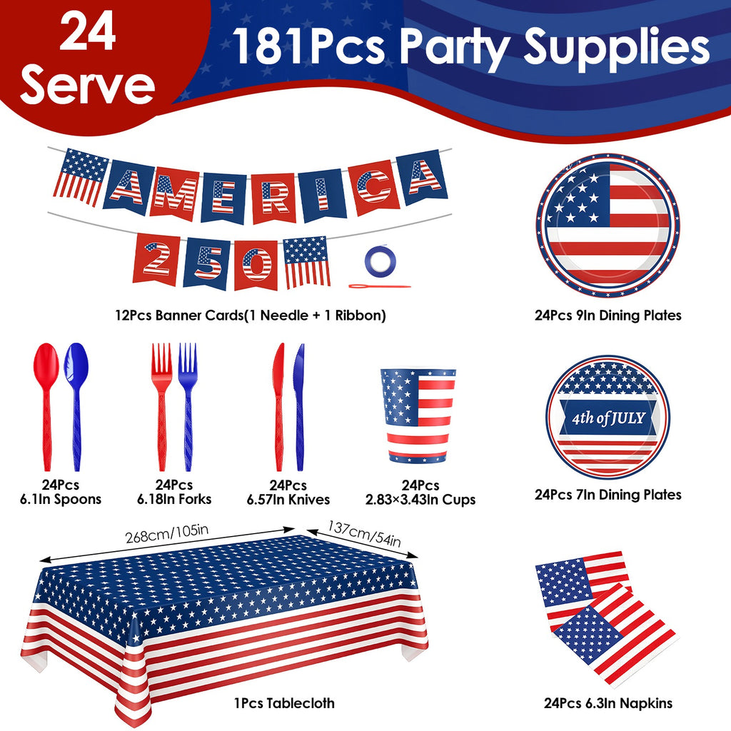 181Pcs 4th Of July 250th Anniversary Party Supplies Set Independence Day Red White Blue…
