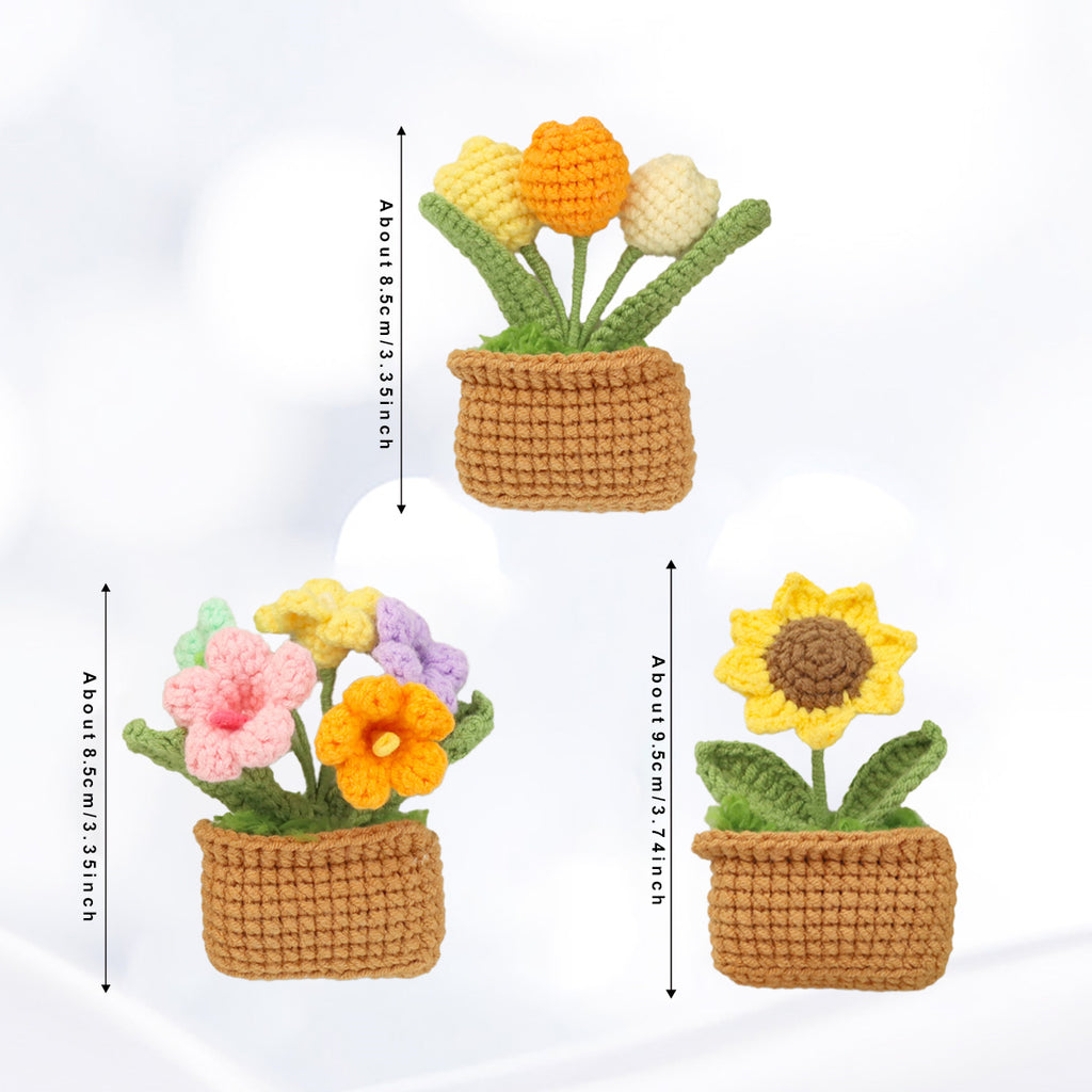 Handmade Crochet Square Pot Green Plant Three Piece Set With Lavender Multicolored Tuli…
