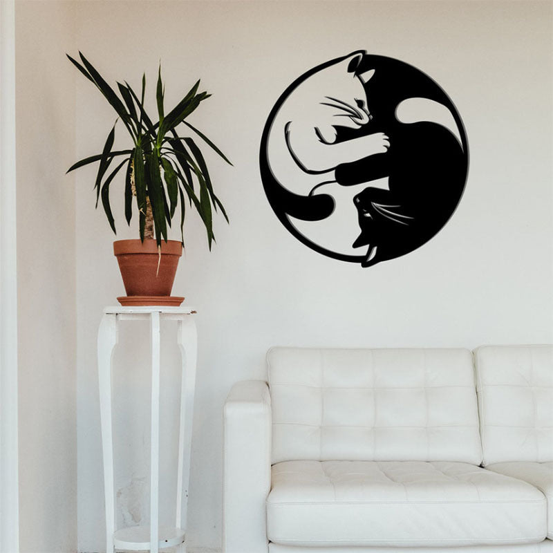 Metal Yin Yang Cat Wall Art Sculpture, Handmade Indoor
