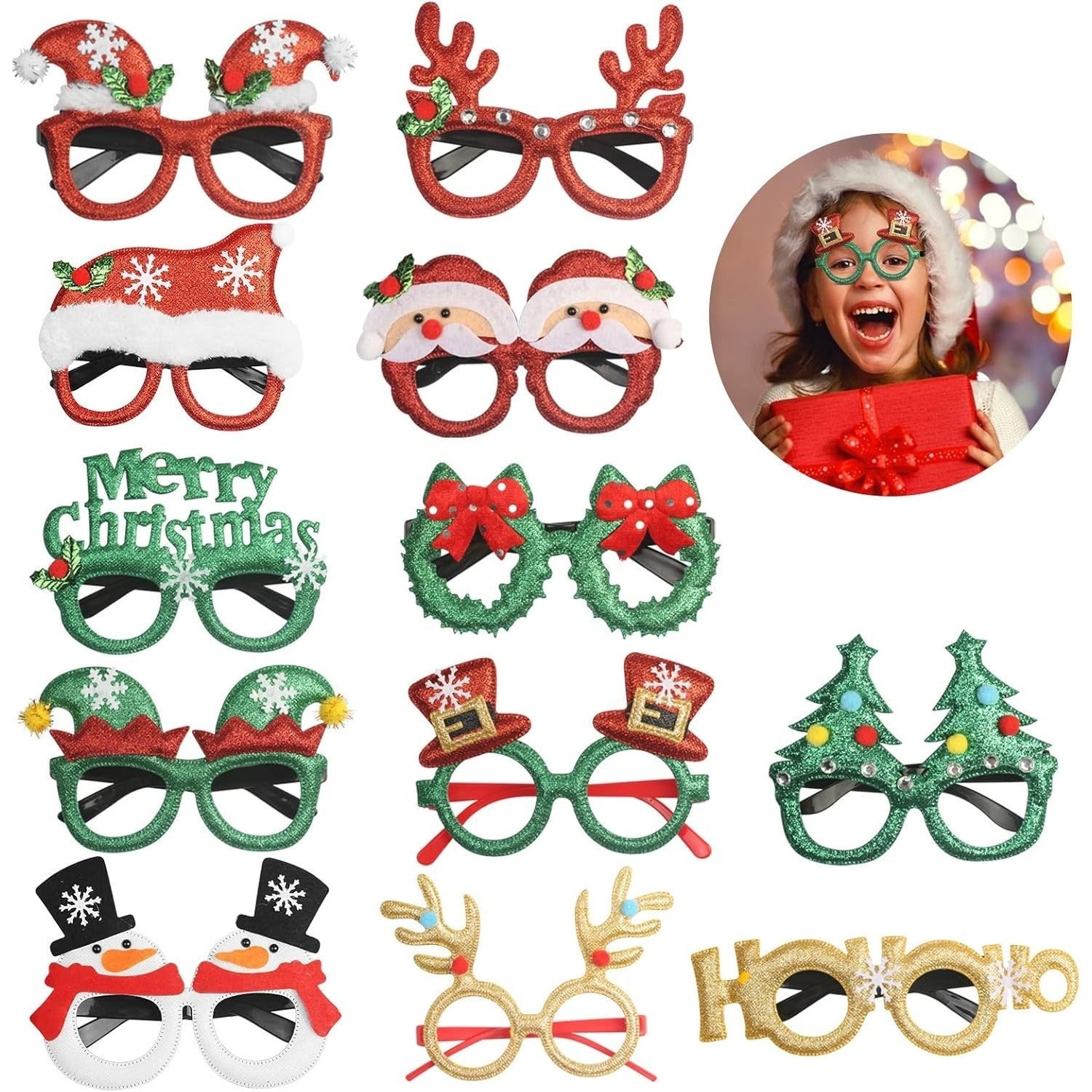12-Piece Set Of Christmas Glasses, Funny Glasses, Glittery Party Glasses, Christmas Pho…