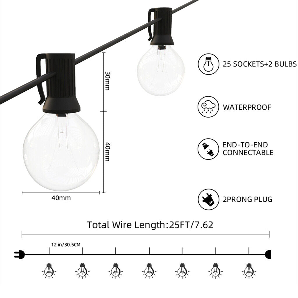 25 50FT Outdoor Festoon Globe String Fairy Lights G40 Bulbs Garden Wedding Home