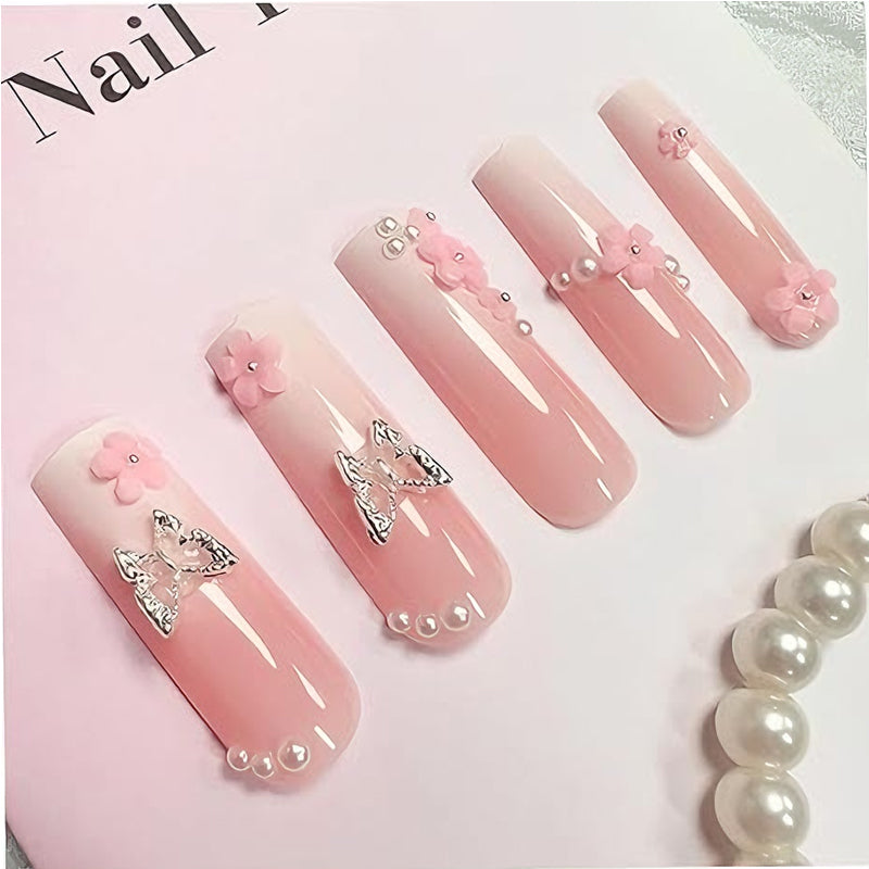 24 PCS Flower Diamond Butterfly Nail Art, Long Length Long Water Pipe Fake Nails,Square…