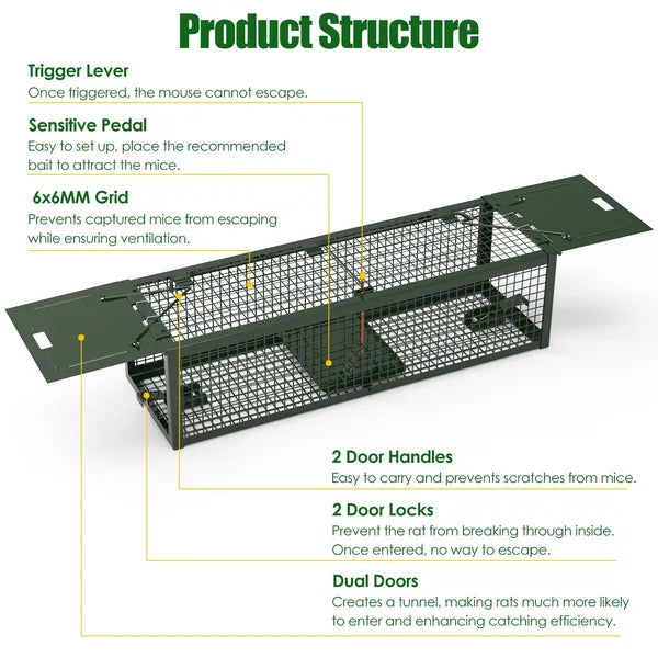 2Pack 15.35x4.72x3.94in 2-Door Humane Live Rat Trap Galvanized Iron Rodent Trap Cage Re…