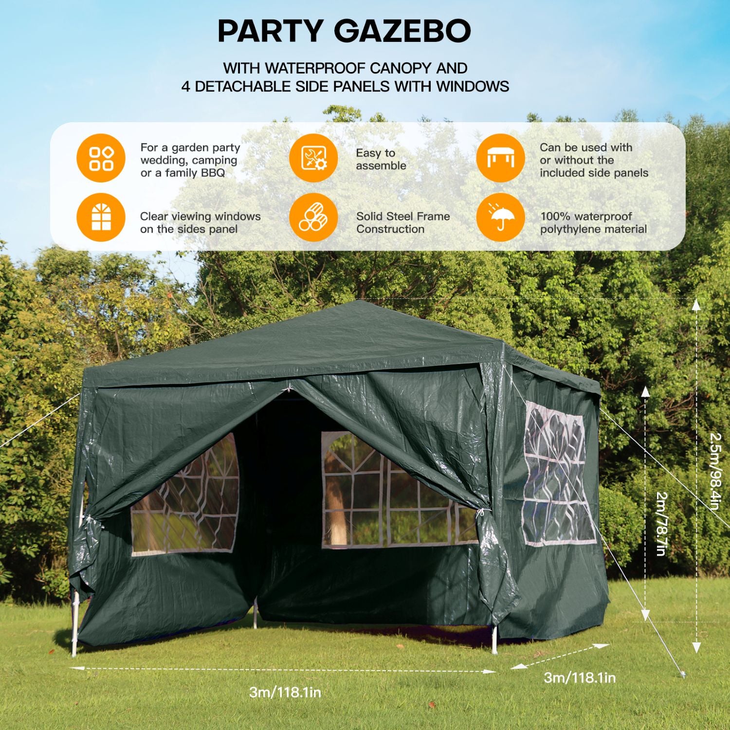 Outdoor Event Gazebo Tent, 3x3M Waterproof Party Marquee With 4 Side Panels,Which Have…