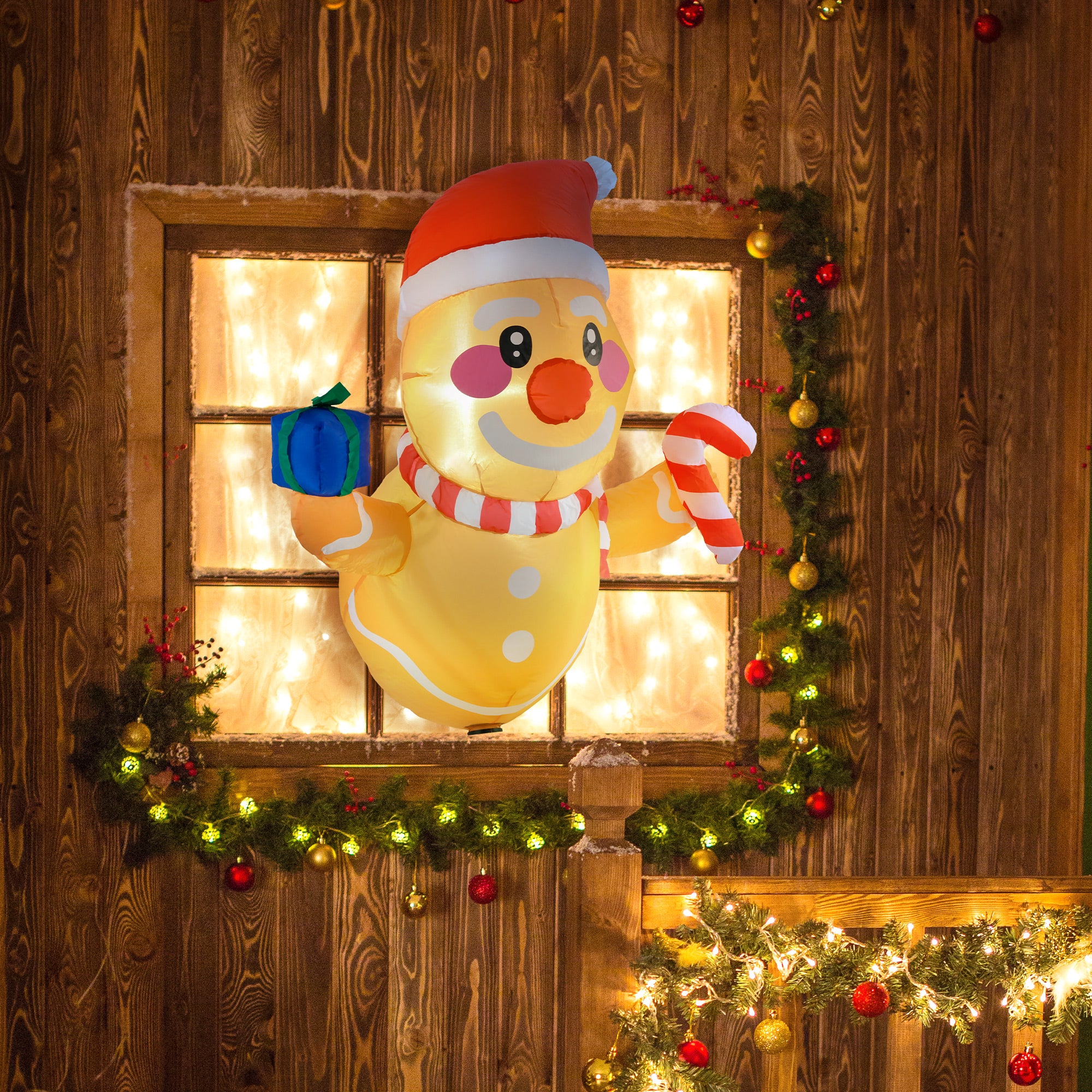 3.4 Inflatable Hanging Gingerbread Man Holding Gift Box & Candy Cane w/ LED Lights, Blo…