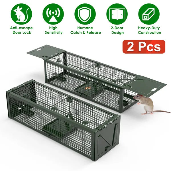 2Pack 15.35x4.72x3.94in 2-Door Humane Live Rat Trap Galvanized Iron Rodent Trap Cage Re…