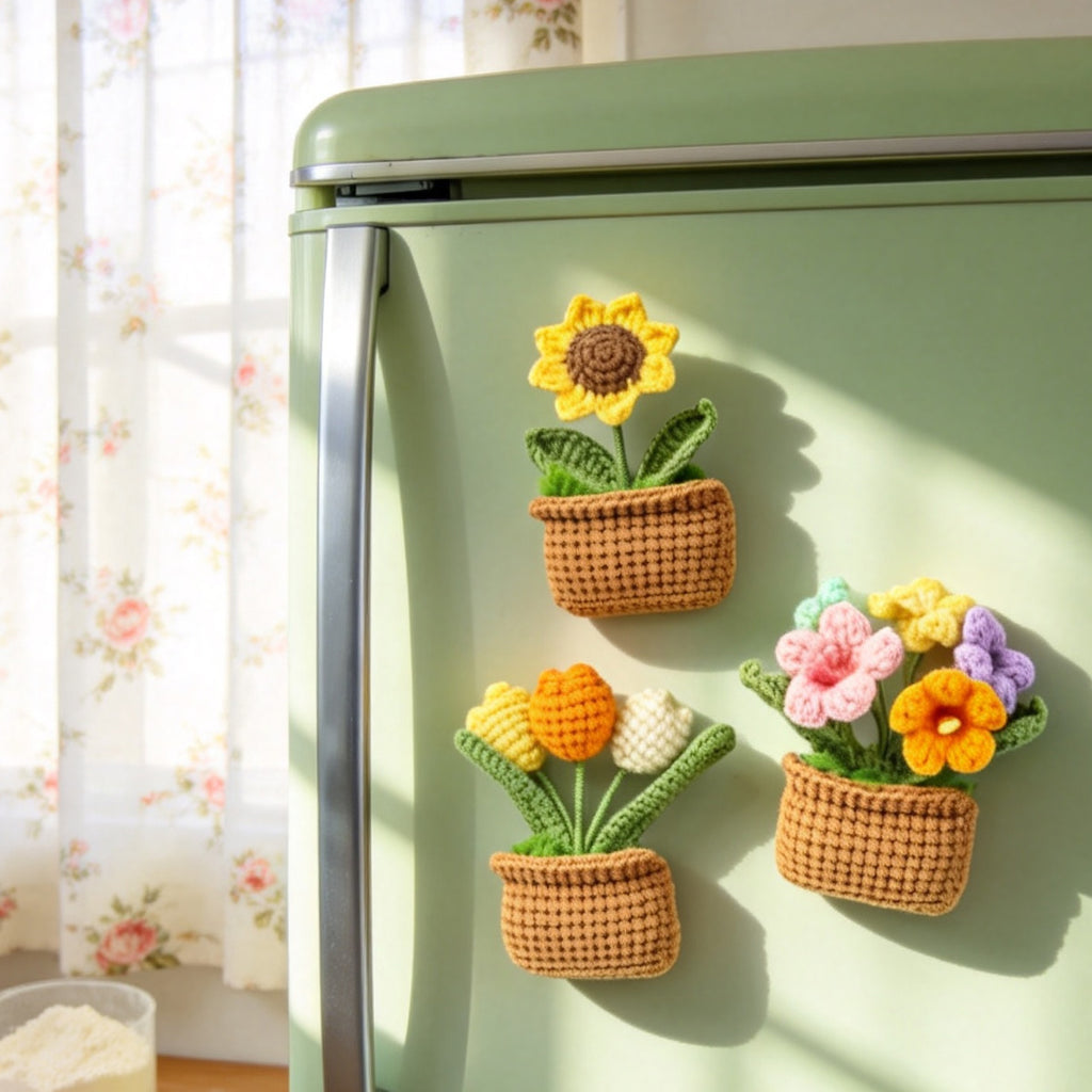Handmade Crochet Square Pot Green Plant Three Piece Set With Lavender Multicolored Tuli…