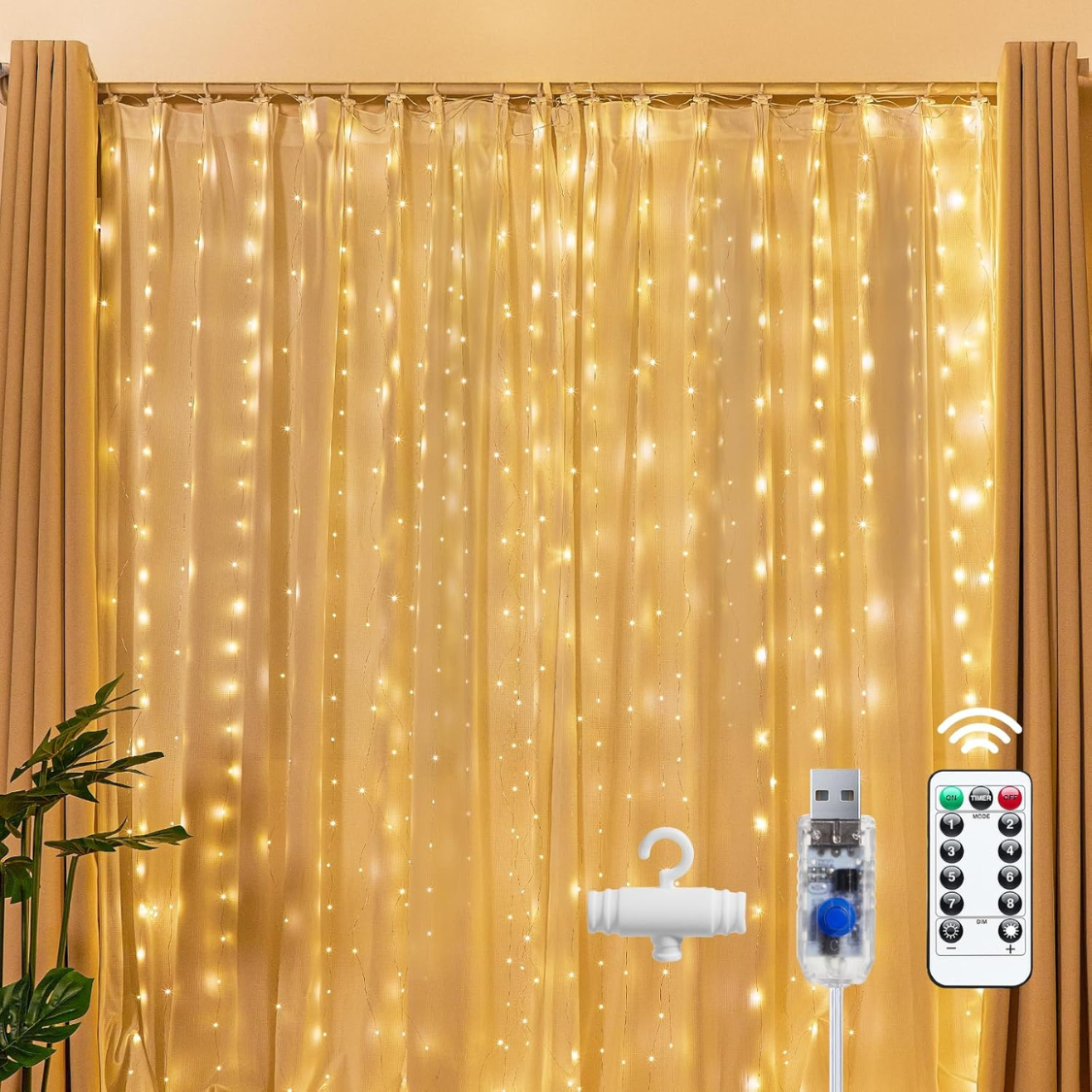 300 LED Fairy Curtain Lights Warm White Curtain String Lights USB Plug In 8 Lighting Mo…