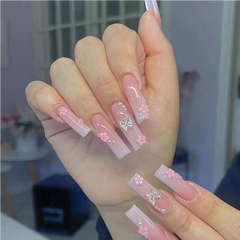 24 PCS Flower Diamond Butterfly Nail Art, Long Length Long Water Pipe Fake Nails,Square…